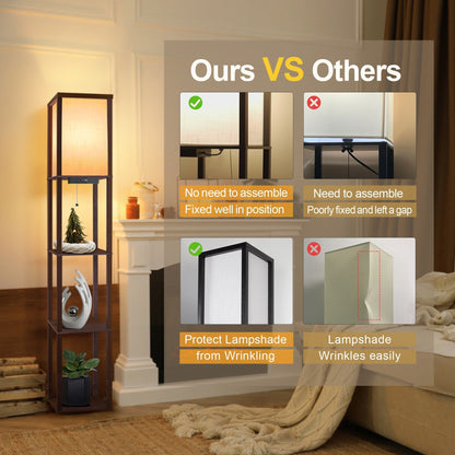 63 Floor Lamp with Shelves - Living Room Light with Wooden Storage Shelves