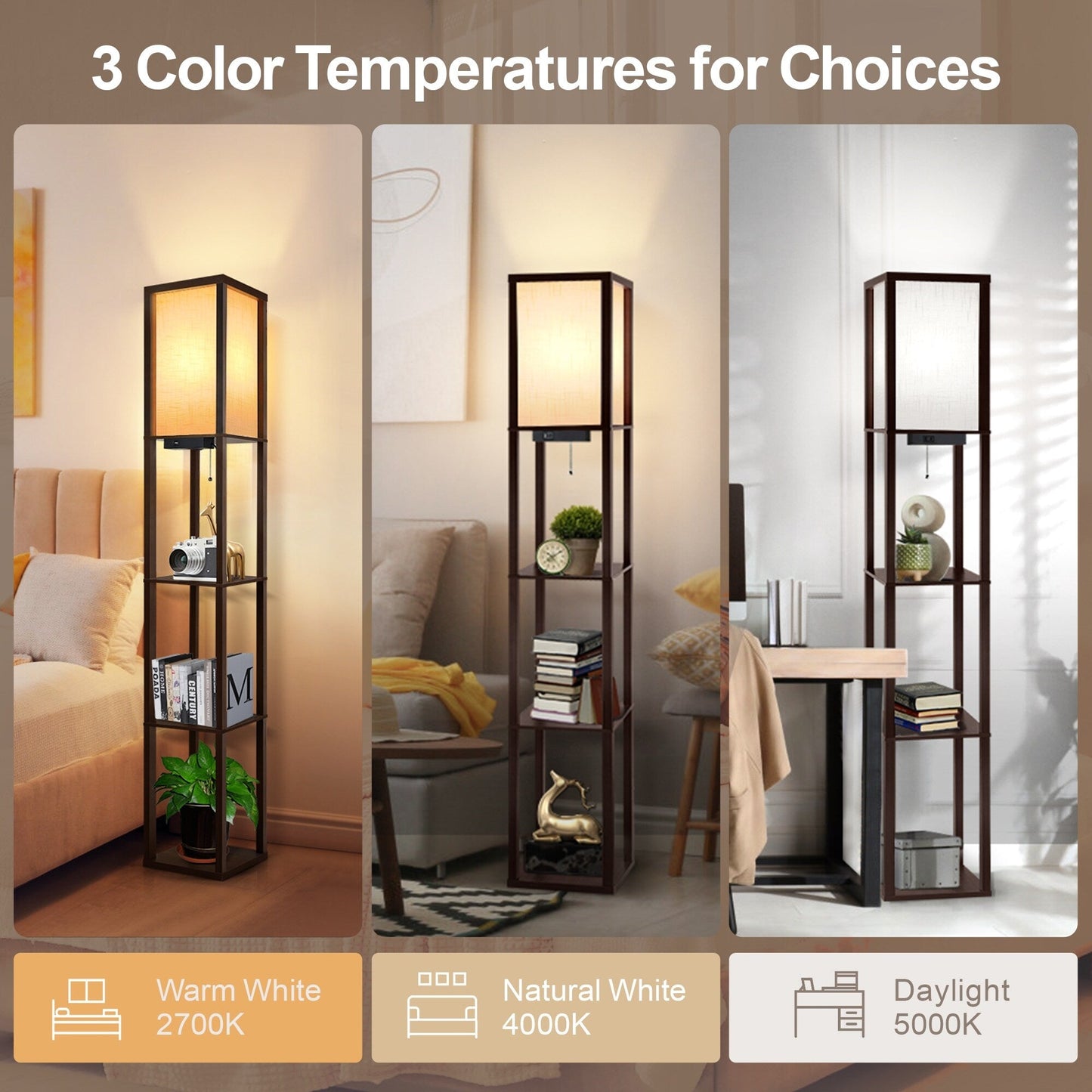 63 Floor Lamp with Shelves - Living Room Light with Wooden Storage Shelves