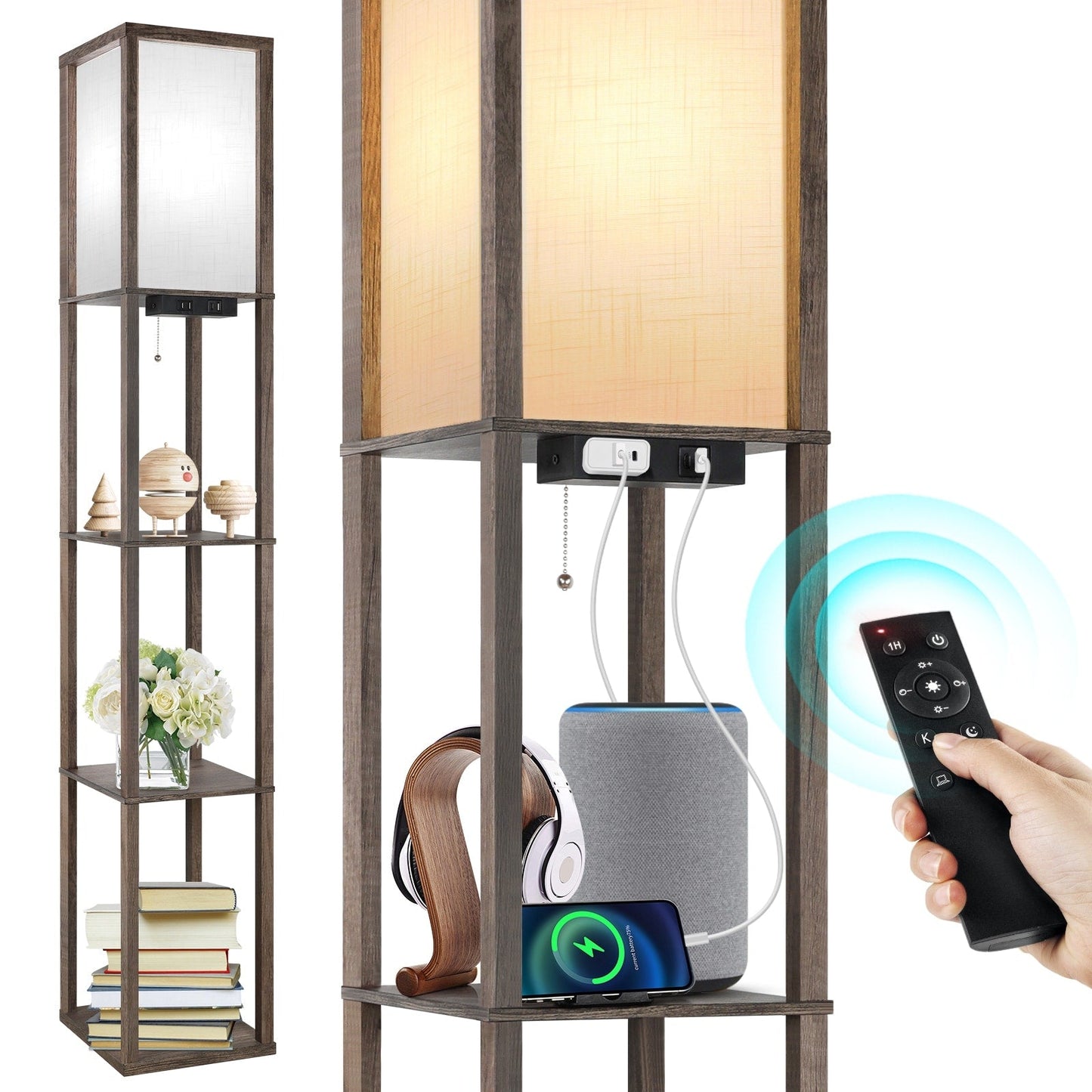 63 Floor Lamp with Shelves - Living Room Light with Wooden Storage Shelves