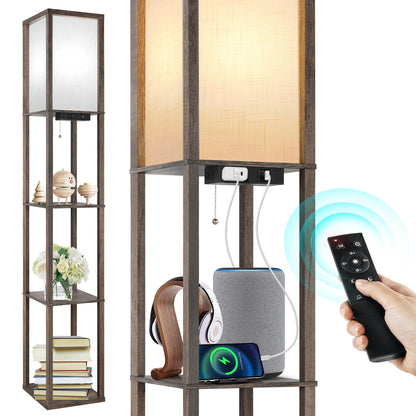 63 Floor Lamp with Shelves - Living Room Light with Wooden Storage Shelves