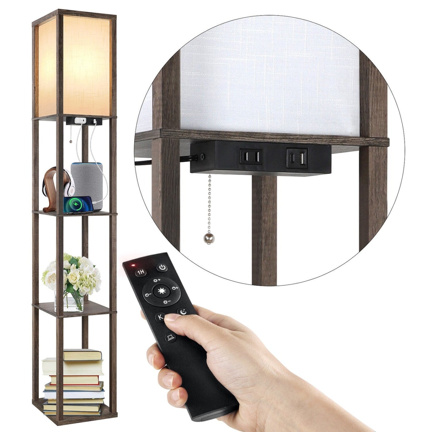 63 Floor Lamp with Shelves - Living Room Light with Wooden Storage Shelves