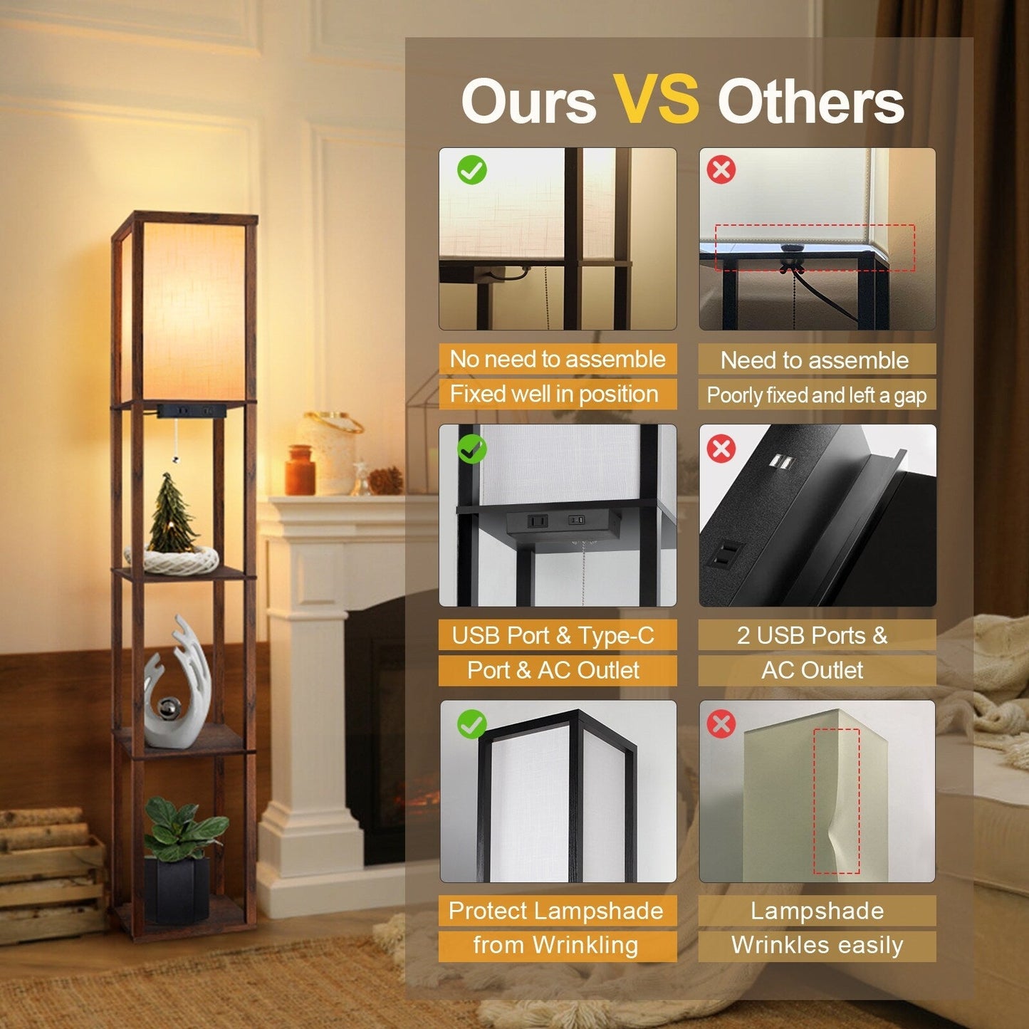 63 Floor Lamp with Shelves - Living Room Light with Wooden Storage Shelves