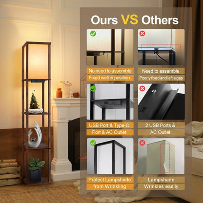 63 Floor Lamp with Shelves - Living Room Light with Wooden Storage Shelves