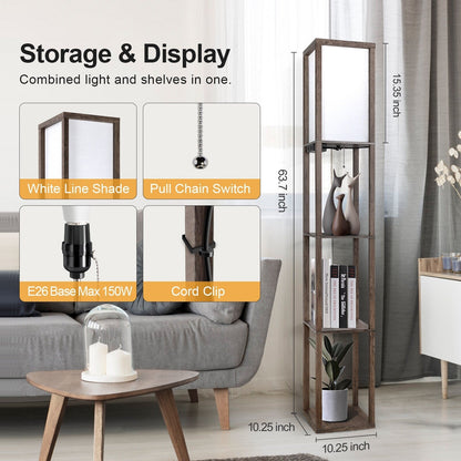 63 Floor Lamp with Shelves - Living Room Light with Wooden Storage Shelves