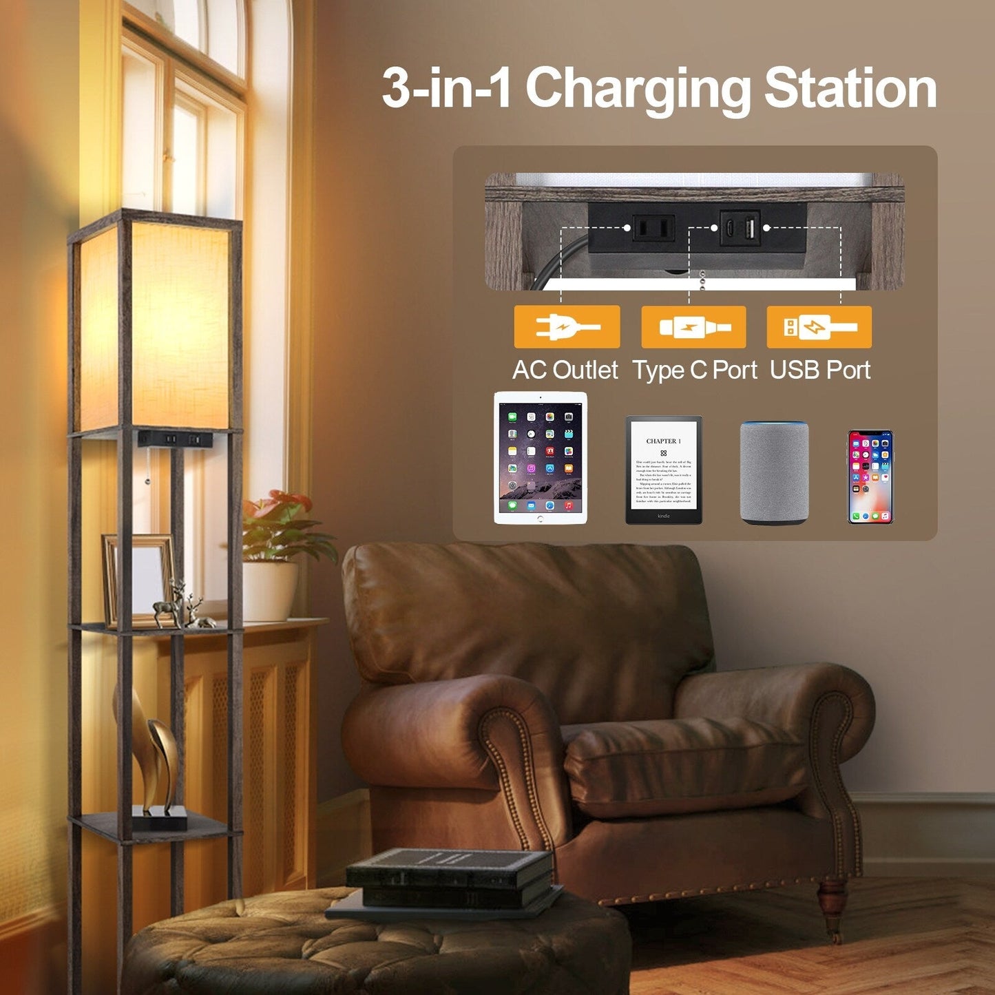 63 Floor Lamp with Shelves - Living Room Light with Wooden Storage Shelves