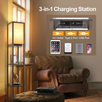 63 Floor Lamp with Shelves - Living Room Light with Wooden Storage Shelves