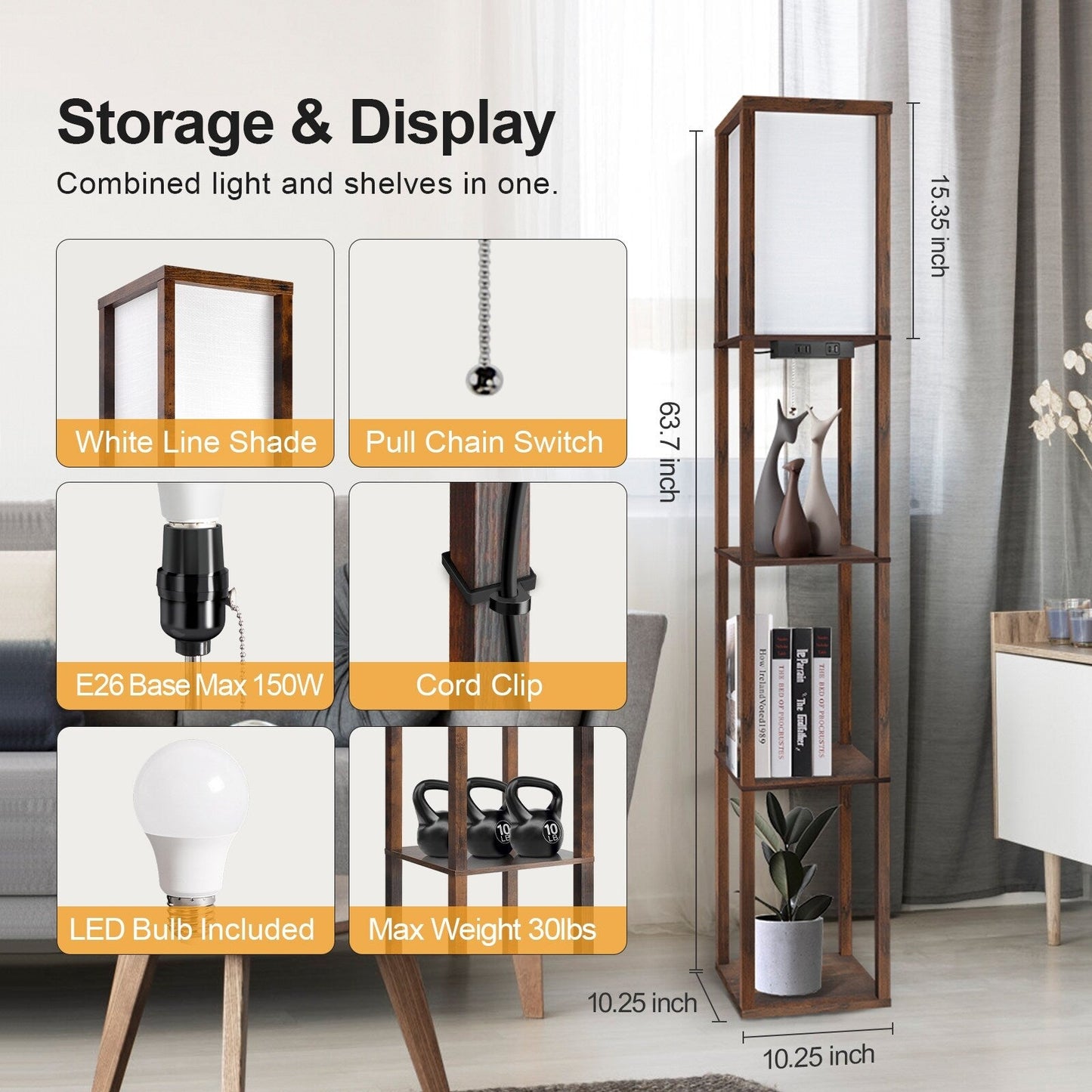 63 Floor Lamp with Shelves - Living Room Light with Wooden Storage Shelves