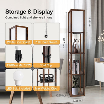 63 Floor Lamp with Shelves - Living Room Light with Wooden Storage Shelves