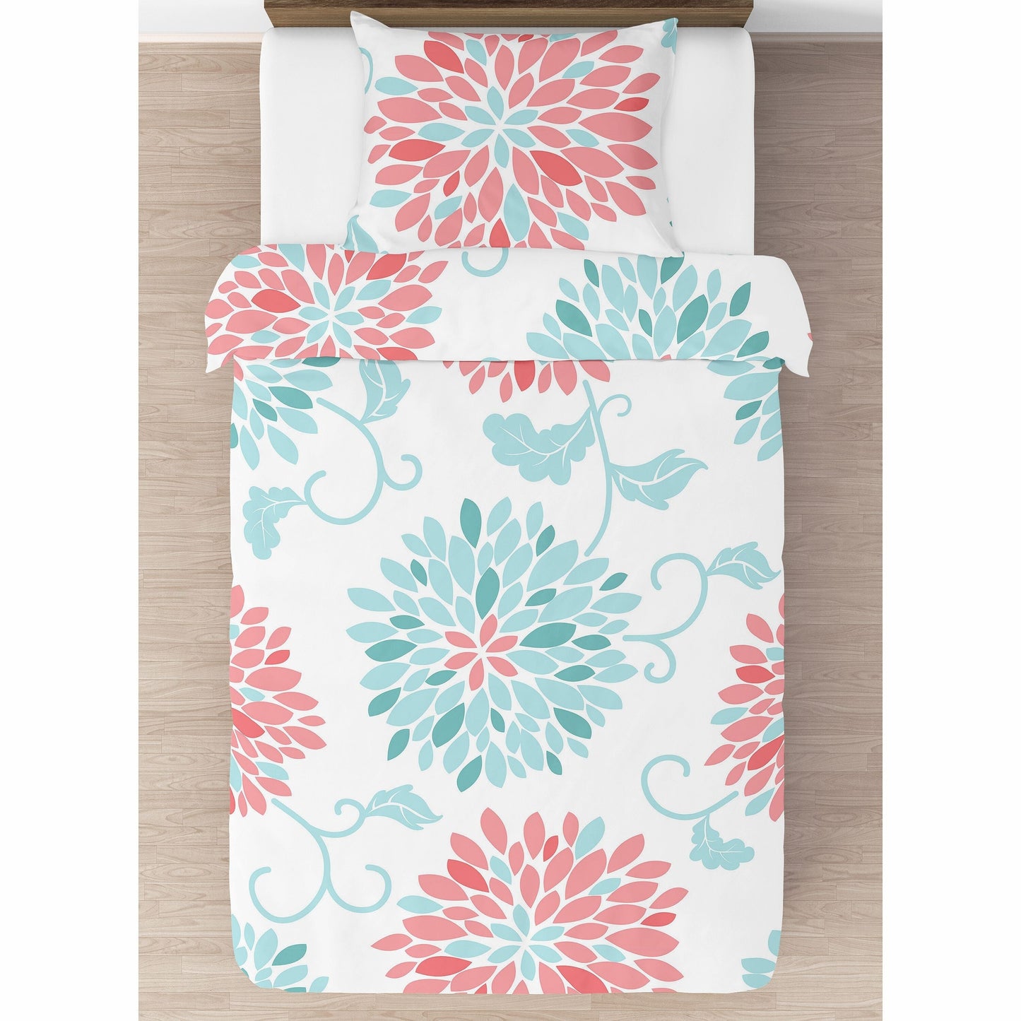 Sweet Jojo Designs Emma Girl Twin 2-piece Comforter Set - Coral and Turquoise Blue Floral Flower Blossom Shabby Chic Elegant
