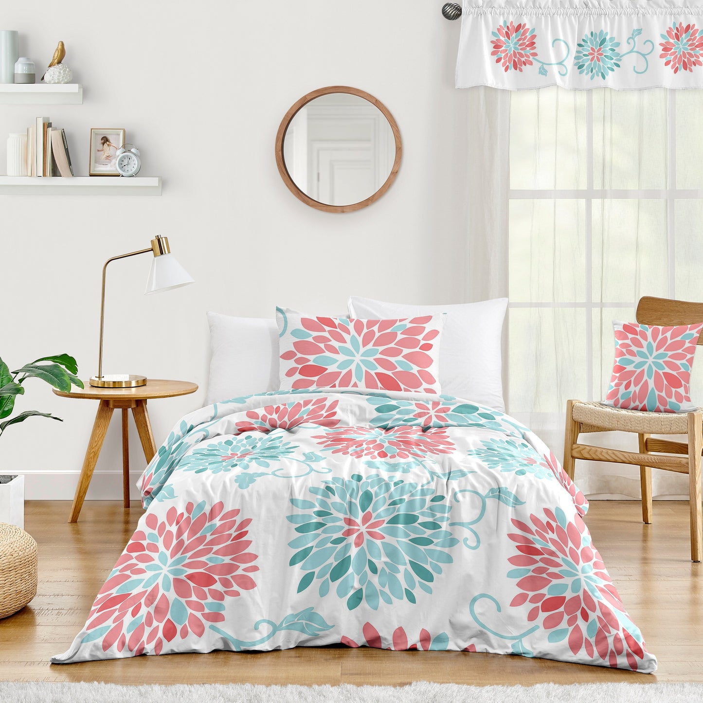 Sweet Jojo Designs Emma Girl Twin 2-piece Comforter Set - Coral and Turquoise Blue Floral Flower Blossom Shabby Chic Elegant