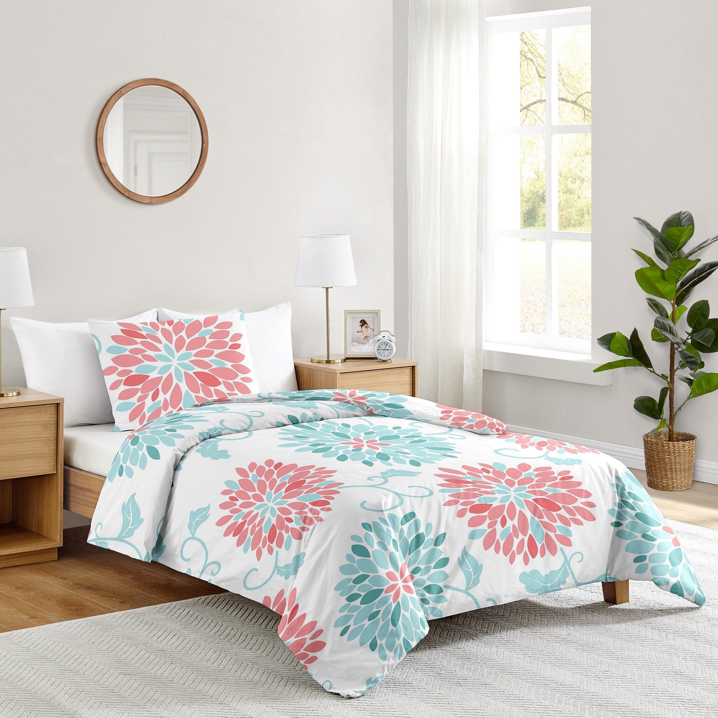 Sweet Jojo Designs Emma Girl Twin 2-piece Comforter Set - Coral and Turquoise Blue Floral Flower Blossom Shabby Chic Elegant