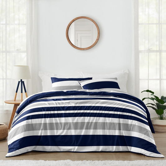 Sweet Jojo Designs Navy Blue and Gray Stripe 3-piece Full/ Queen-size Comforter Set