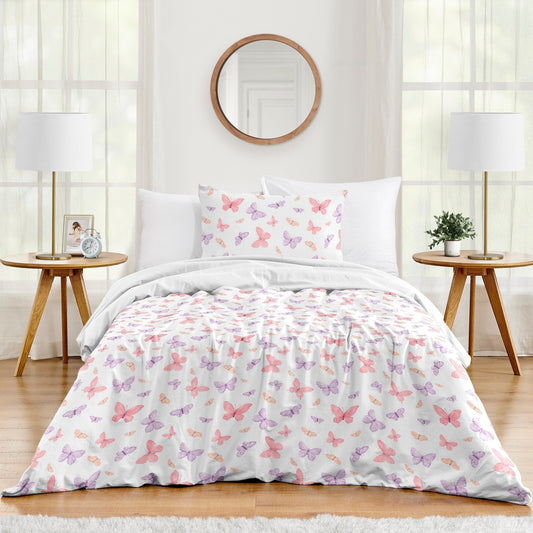 Sweet Jojo Designs Pink/Purple Shabby Chic Butterfly Girl 4pc Twin-size Comforter Set - Colorful Butterflies Pastel Watercolor
