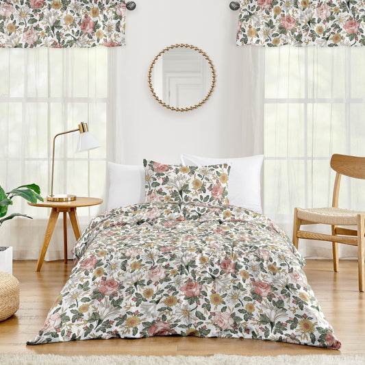 Sweet Jojo Designs Vintage Floral Boho Girl 2-piece Twin Comforter Set Blush Pink Yellow Green White Shabby Chic Rose Farmhouse