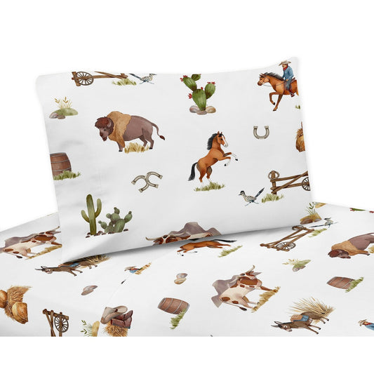 Sweet Jojo Designs Western Cowboy Boy 4-piece Queen Sheet Set Wild West Southern Charm Country South Horse Steer Cow Farm Animal