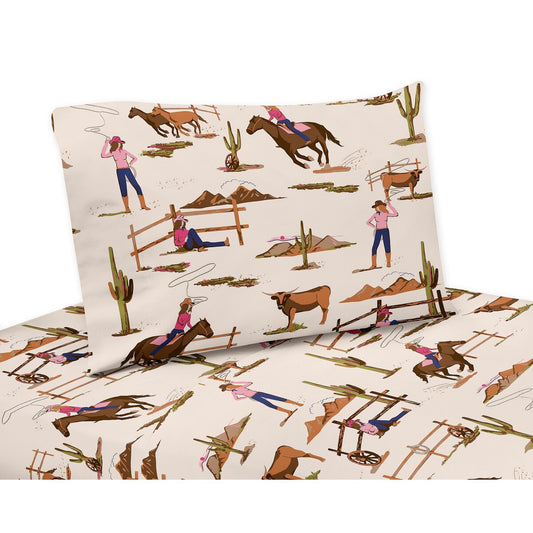Sweet Jojo Designs Western Cowgirl Girl 4p Queen Sheet Set Wild West Vintage Country Retro Animal Horse Southwest Pink Blue Tan