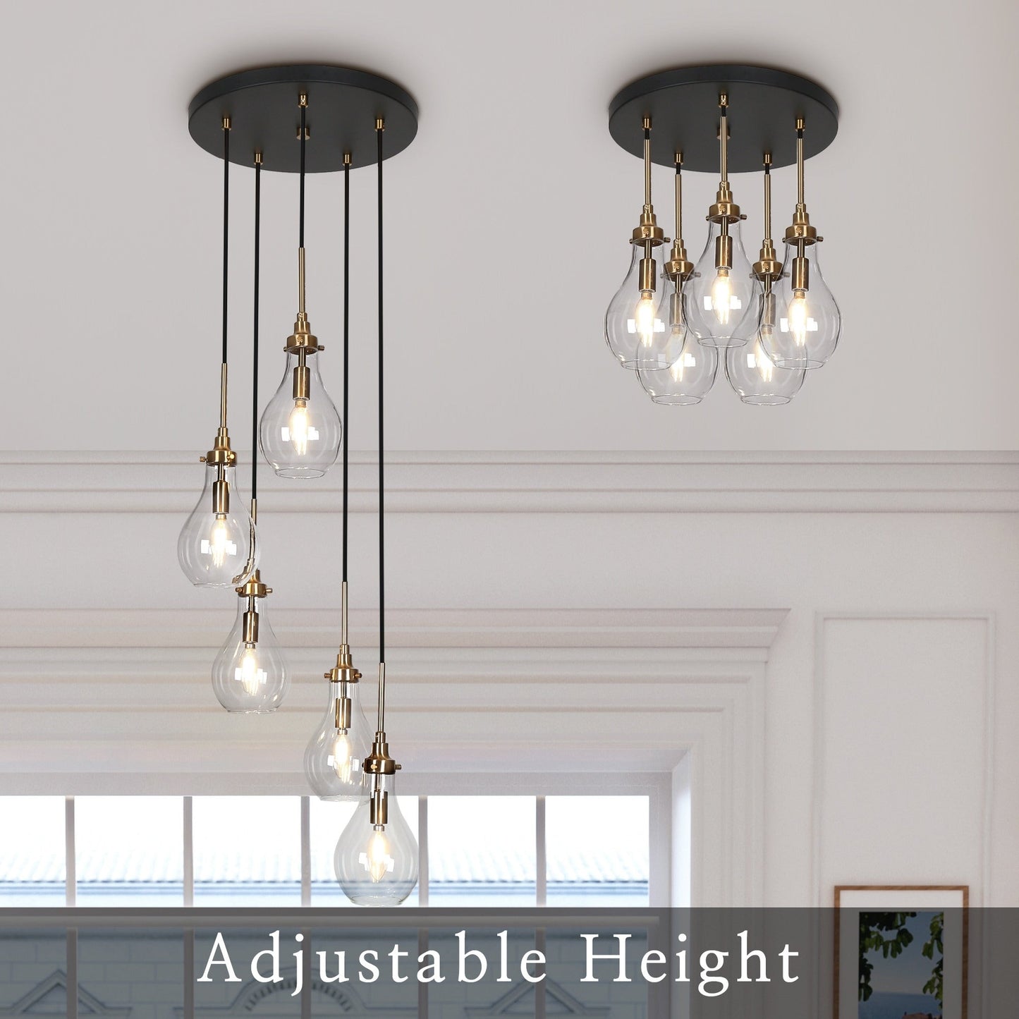 Synia Modern 5-Light Cluster Teardrop Glass Chandelier Stair Entryway Pendant Light for High Ceiling - D15'' x H18.2-74.2''