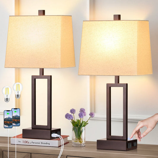 Table Lamps Brown Matte Metal Beige Shade with USB Type-C Charging Ports AC Outlet 3-Way Touch Dimming Switch (Set of 2)