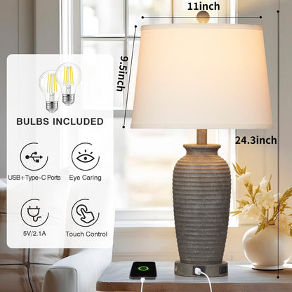 Grey Resin Table Lamps with 3-way Touch Dimming Switch USB Charging Port and AC Outlet (Set of 2)