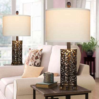 Black with Gold Metal Table Lamps Nightlight 2in1 USB Ports AC Outlet Touch Switch (Set of 2)