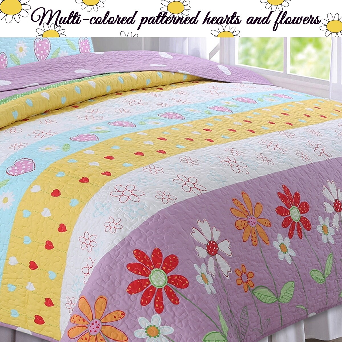 Taylor & Olive Purple/ White Floral Heart Reversible Quilt Bedding Set