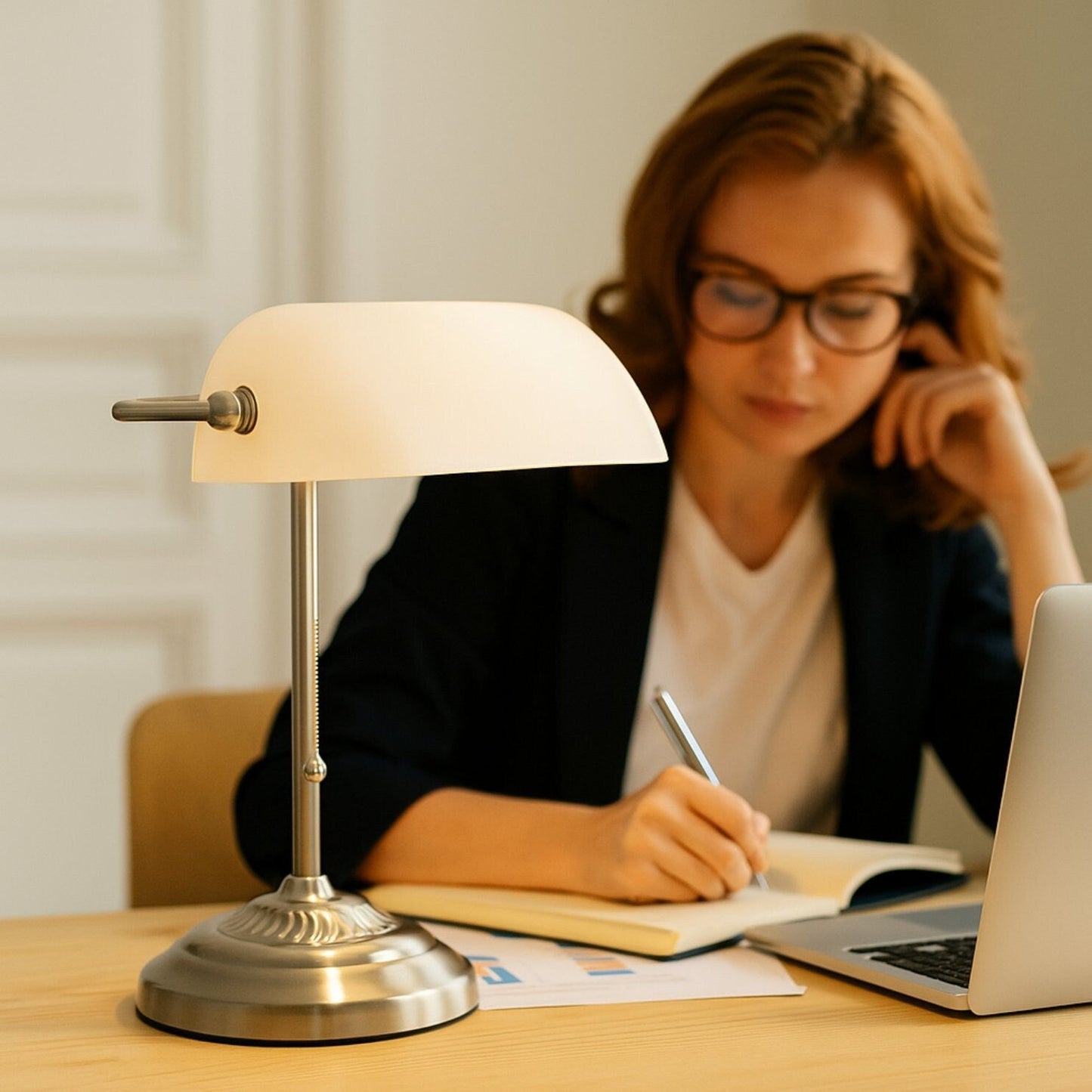 Traditional Bankers Desk Lamp With Green Glass Shade