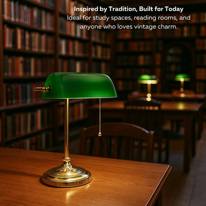 Traditional Bankers Desk Lamp With Green Glass Shade