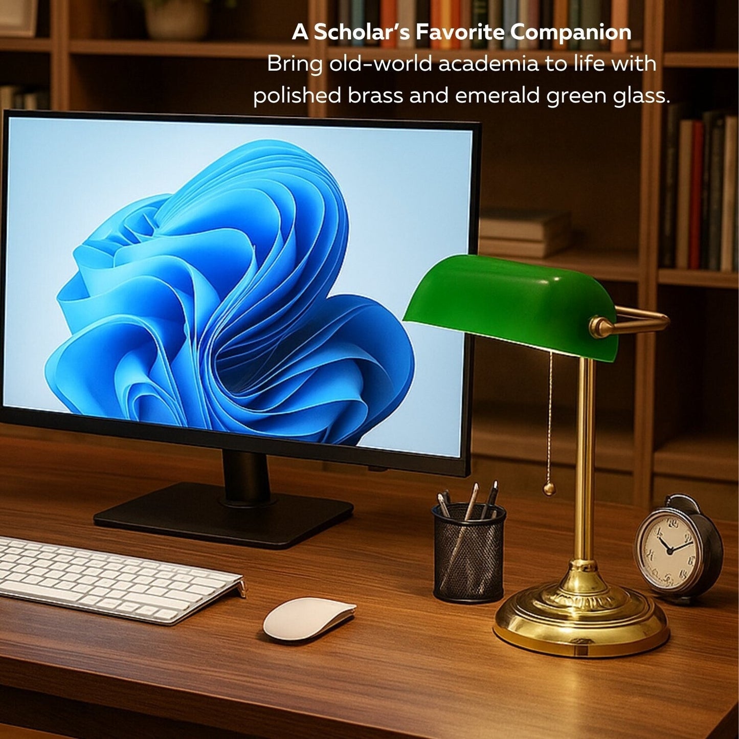 Traditional Bankers Desk Lamp With Green Glass Shade