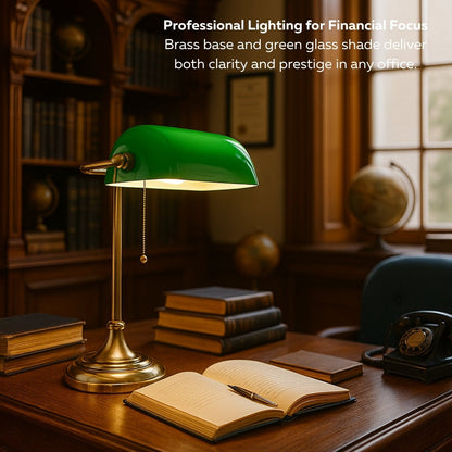 Traditional Bankers Desk Lamp With Green Glass Shade