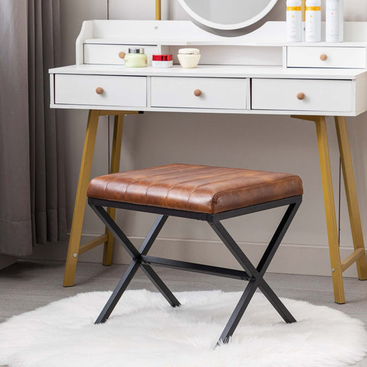 Tufted Faux Leather Vanity Bench with Metal X Legs