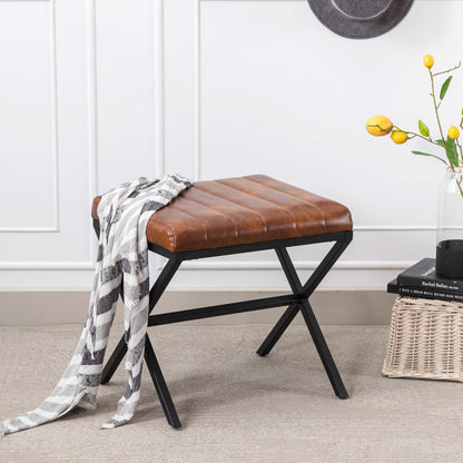 Tufted Faux Leather Vanity Bench with Metal X Legs