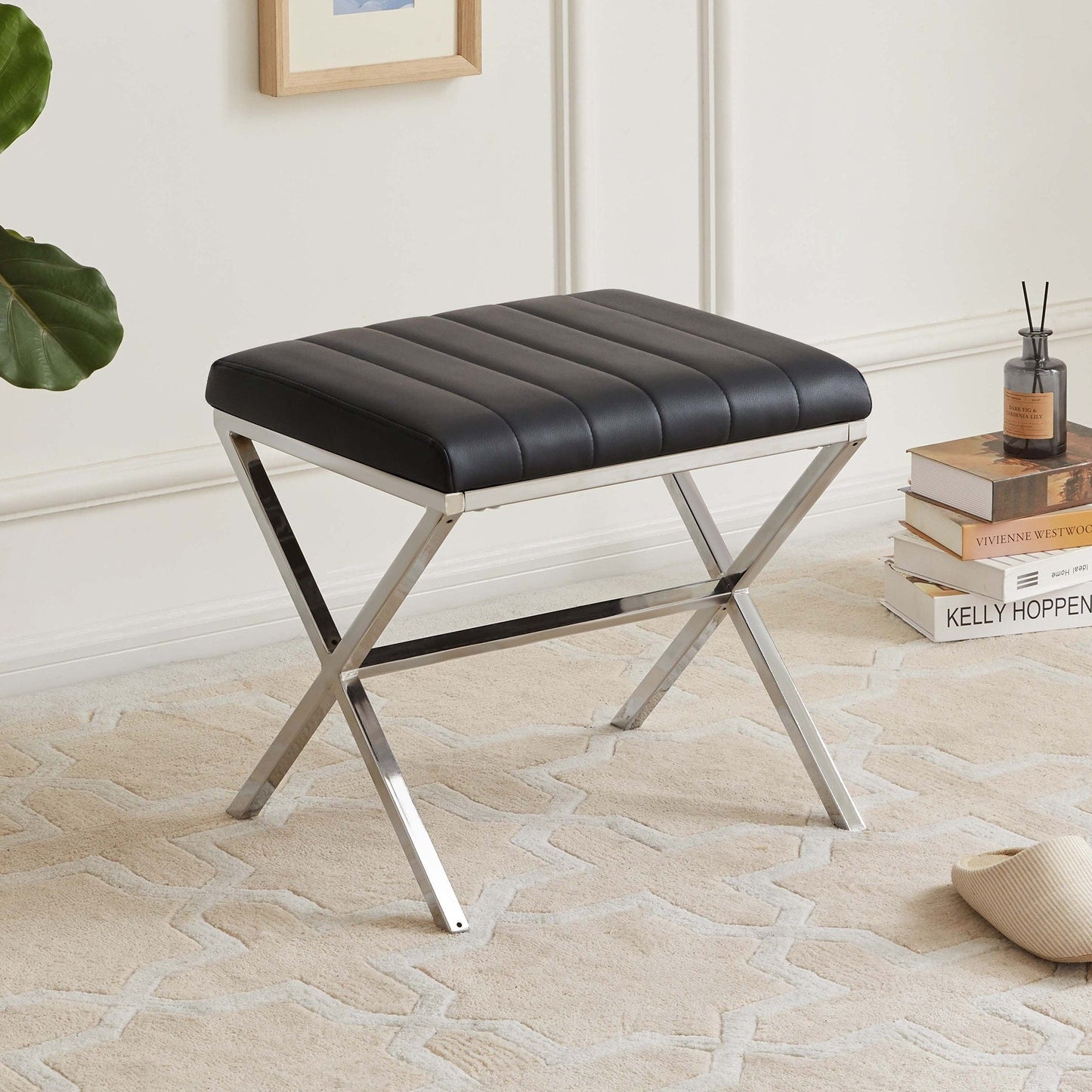 Tufted Faux Leather Vanity Bench with Metal X Legs
