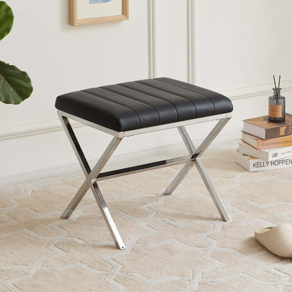 Tufted Faux Leather Vanity Bench with Metal X Legs