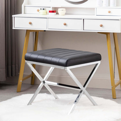 Tufted Faux Leather Vanity Bench with Metal X Legs