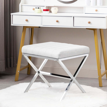 Tufted Faux Leather Vanity Bench with Metal X Legs