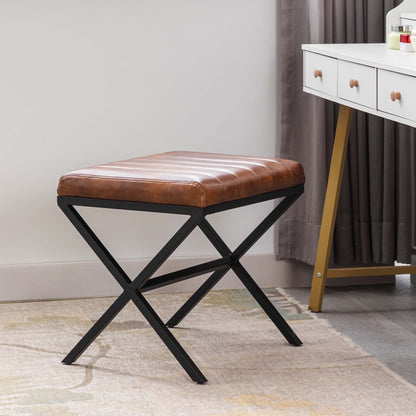 Tufted Faux Leather Vanity Bench with Metal X Legs