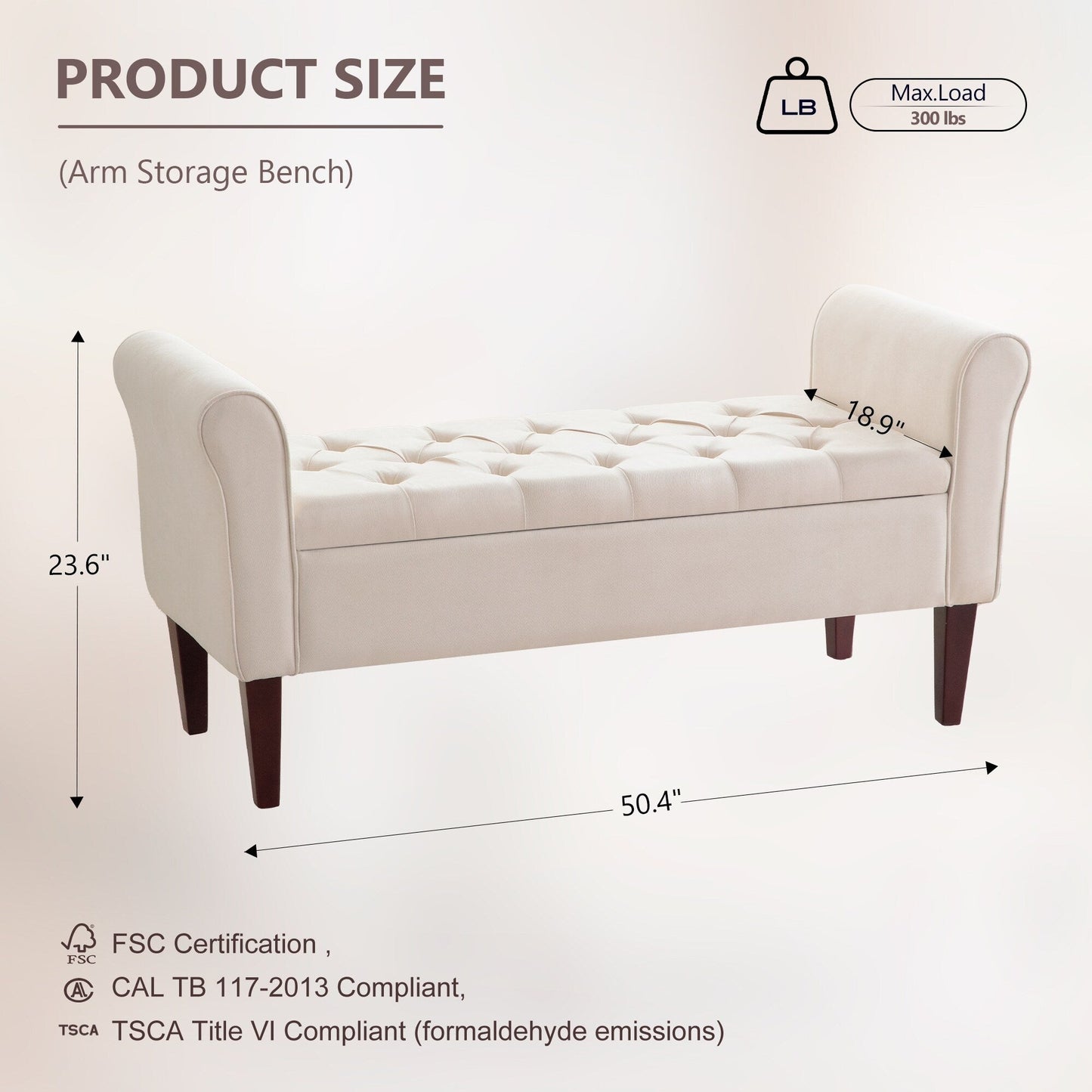 Upholstered Storage Bench Arm Bench Entryway Bench with Tufted Flip Top 50.4 Inches