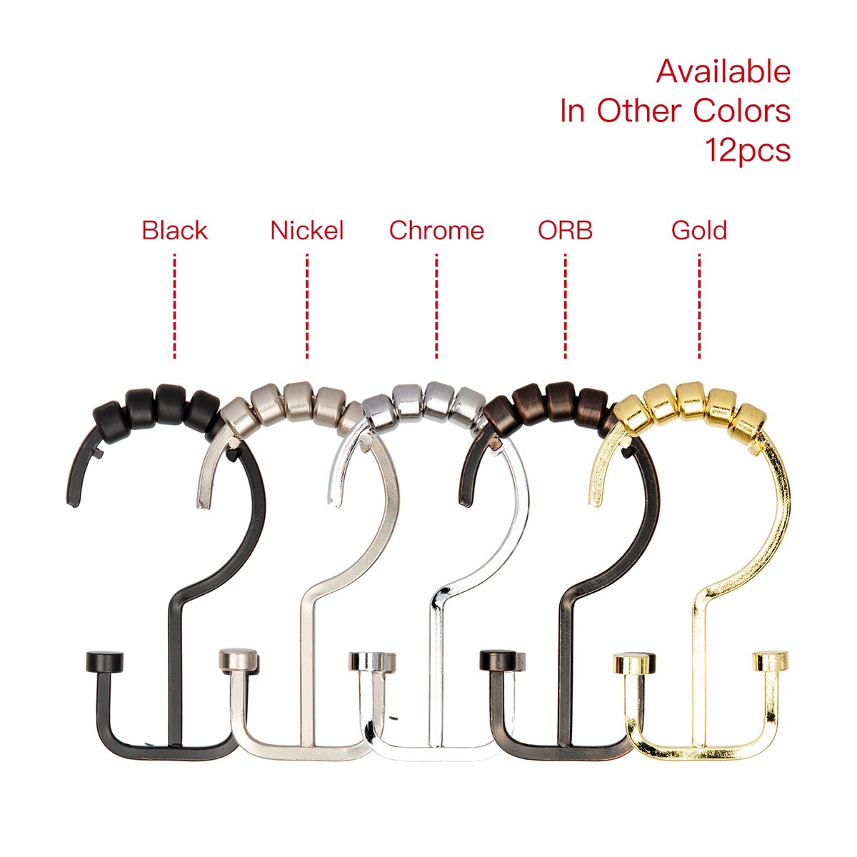 Utopia Alley Deco Flat Double Roller Shower Curtain Hooks, Matt Black - Matt Black