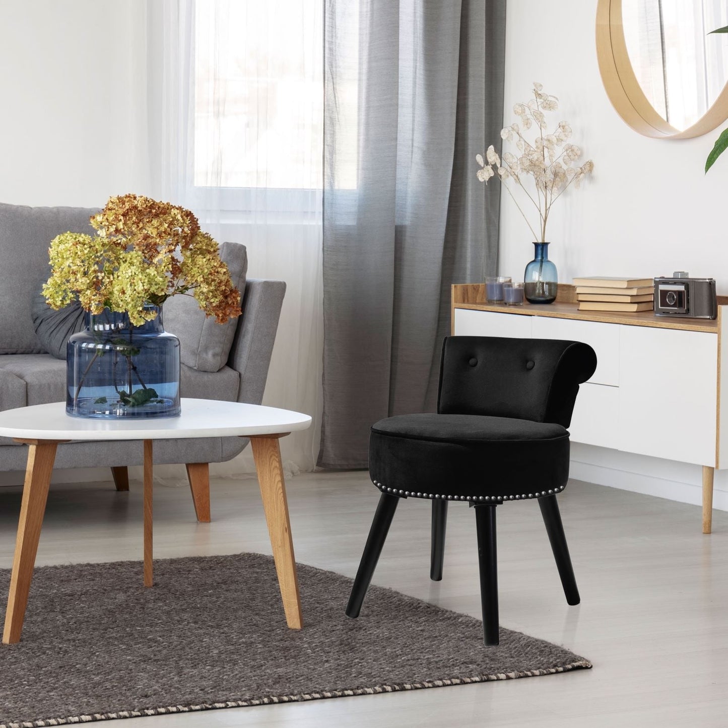 VEIKOUS Makeup Vanity Stool Chair with Low Back and Wood Legs-17.3 x 15.7 x 25.1