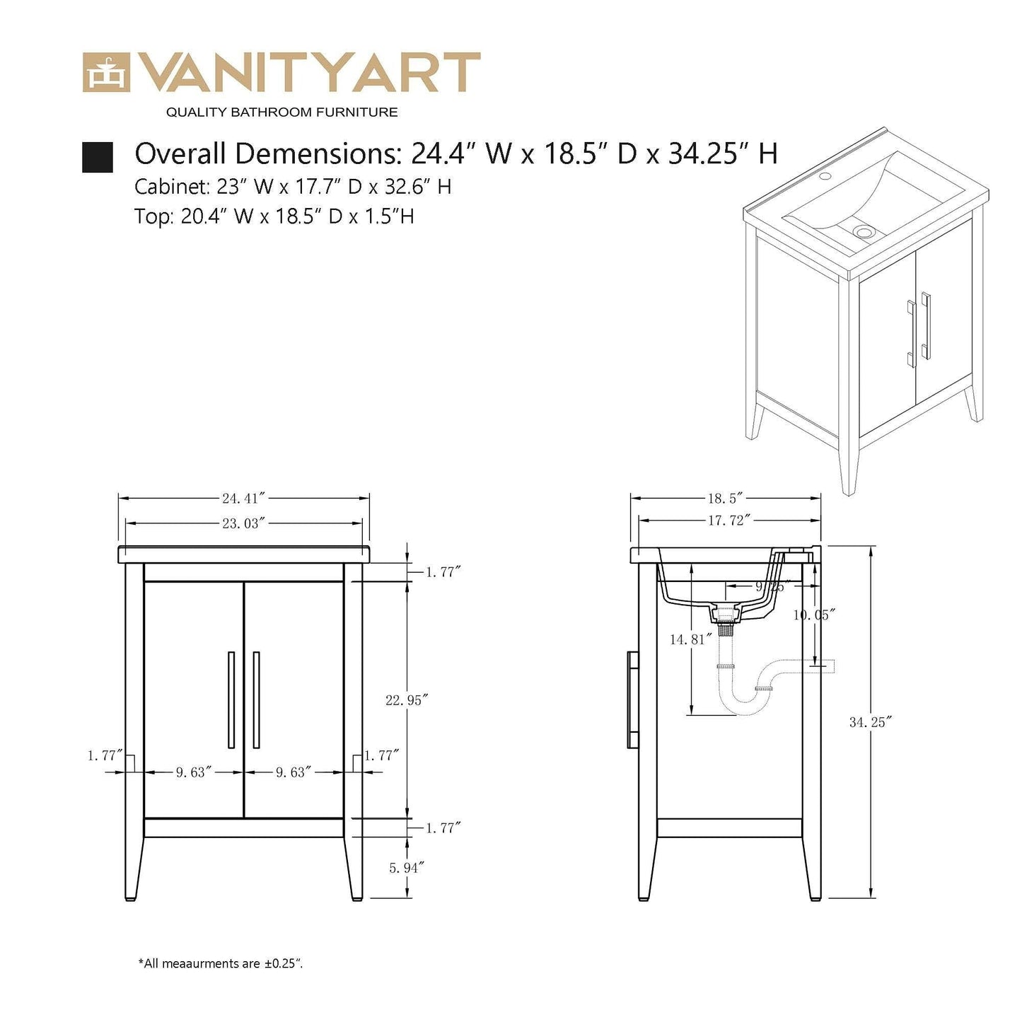 Vanity Art 20 or 24 or 30 Single Sink Bathroom Vanity Cabinet with Ceramic Top
