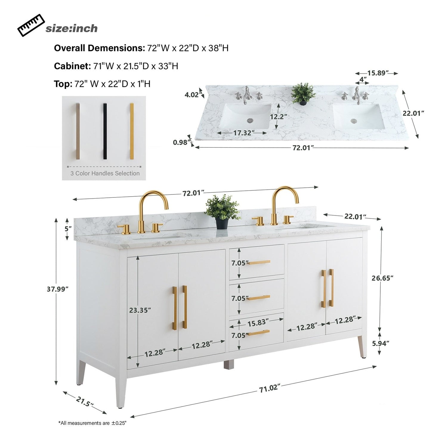 Vanity Art 72 Double Sink Bathroom Vanity Cabinet with Engineered Marble Top