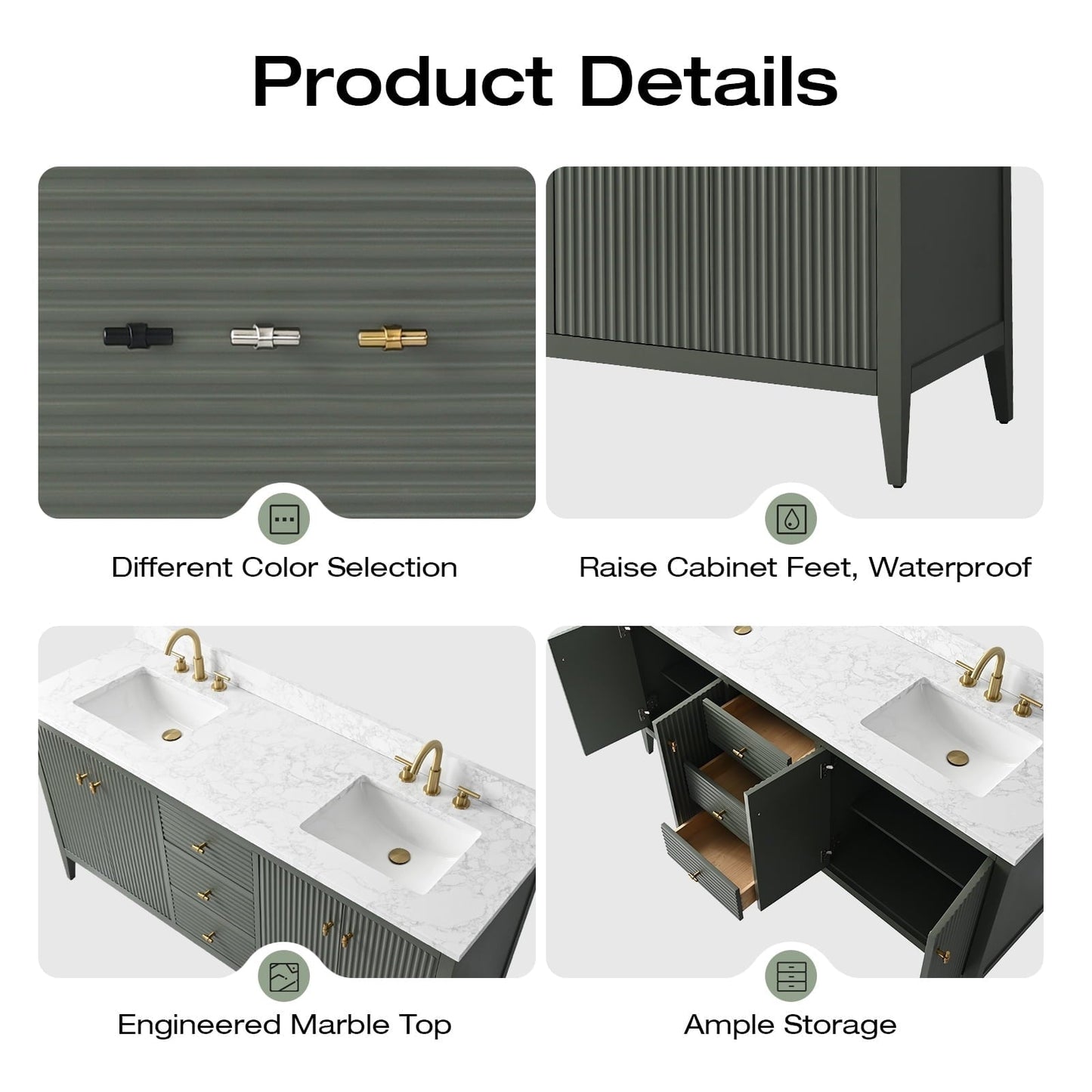 Vanity Art 72 Double Sink Bathroom Vanity Cabinet with Engineered Marble Top