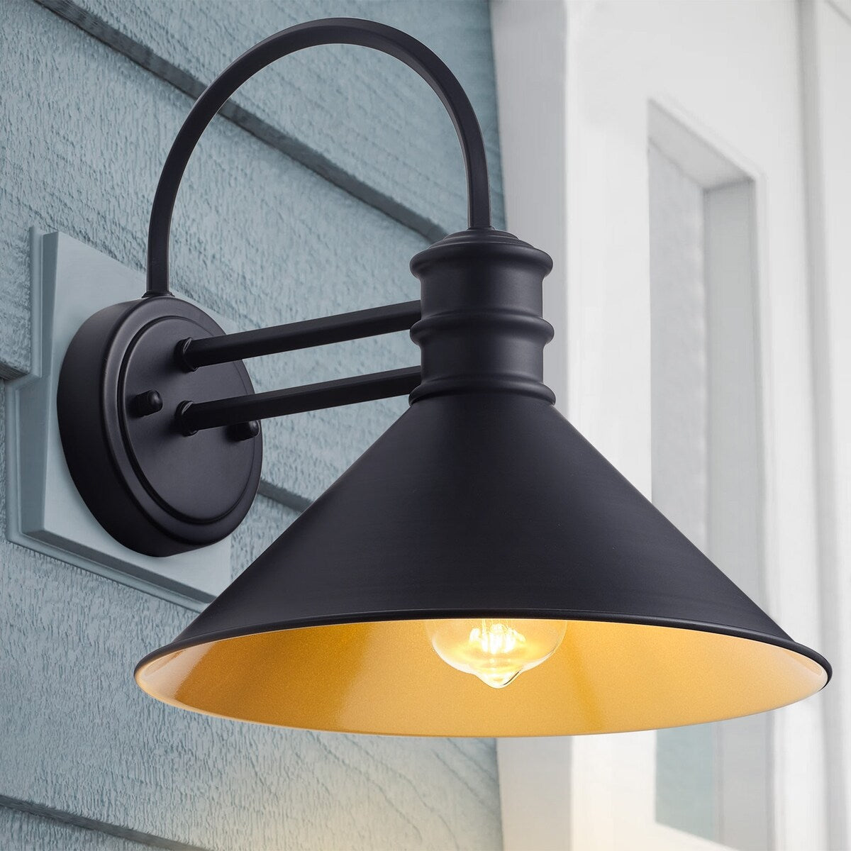 Vintage Farmhouse 1-Light Matte Black Gooseneck Wall Sconce with Cone Metal Shade