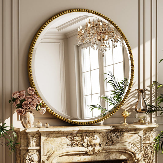 Vintage Round Bathroom Mirror with Beaded Frame