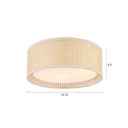 WINGBO Modern 3-Light Flush Mount Ceiling Light Fixture with Rattan & Fabric Double Drum Shade