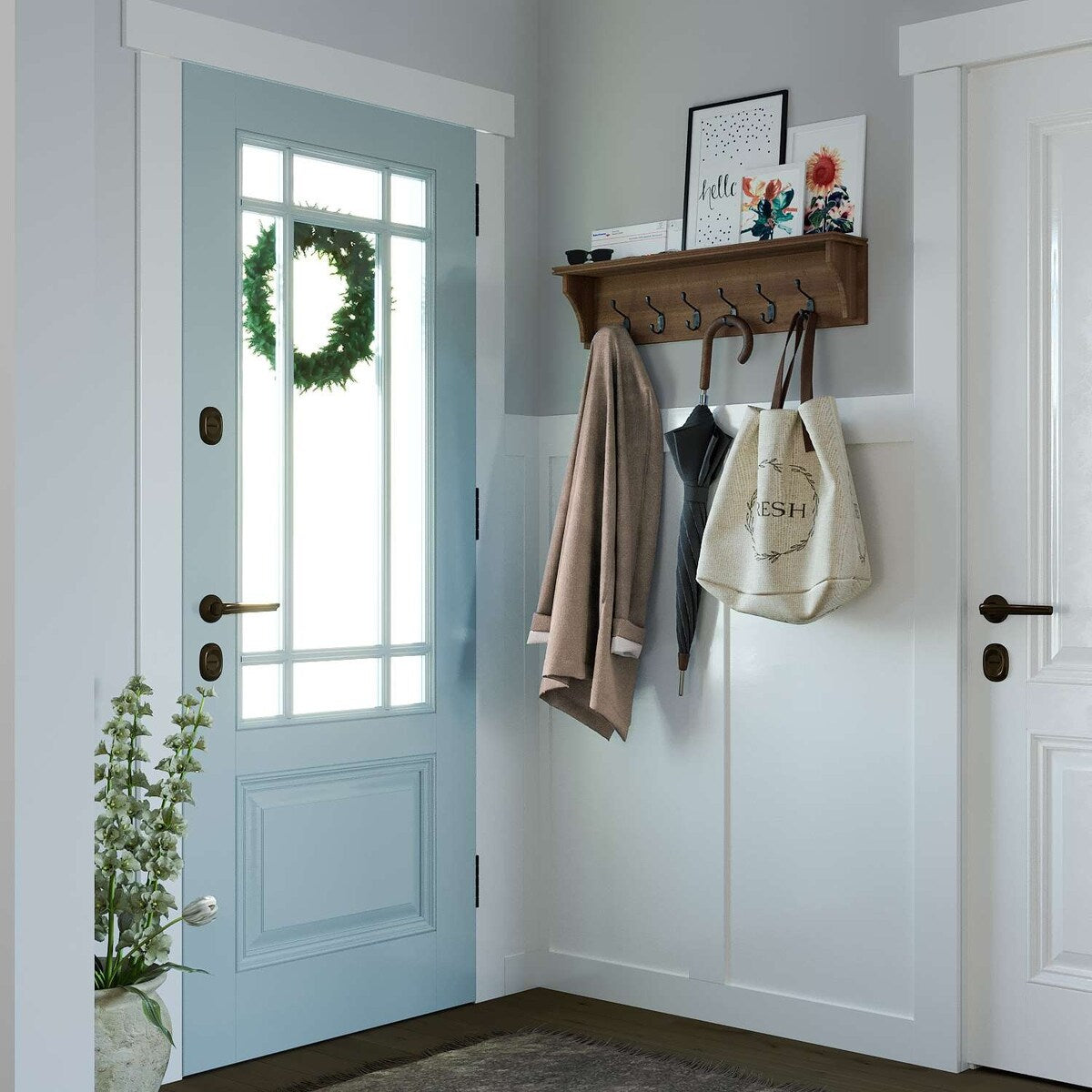 Wallniture Mante Key Holder for Wall, Decorative Mail Holder with Shelf, Large Coat Hooks, Wood Wall Key Hanger