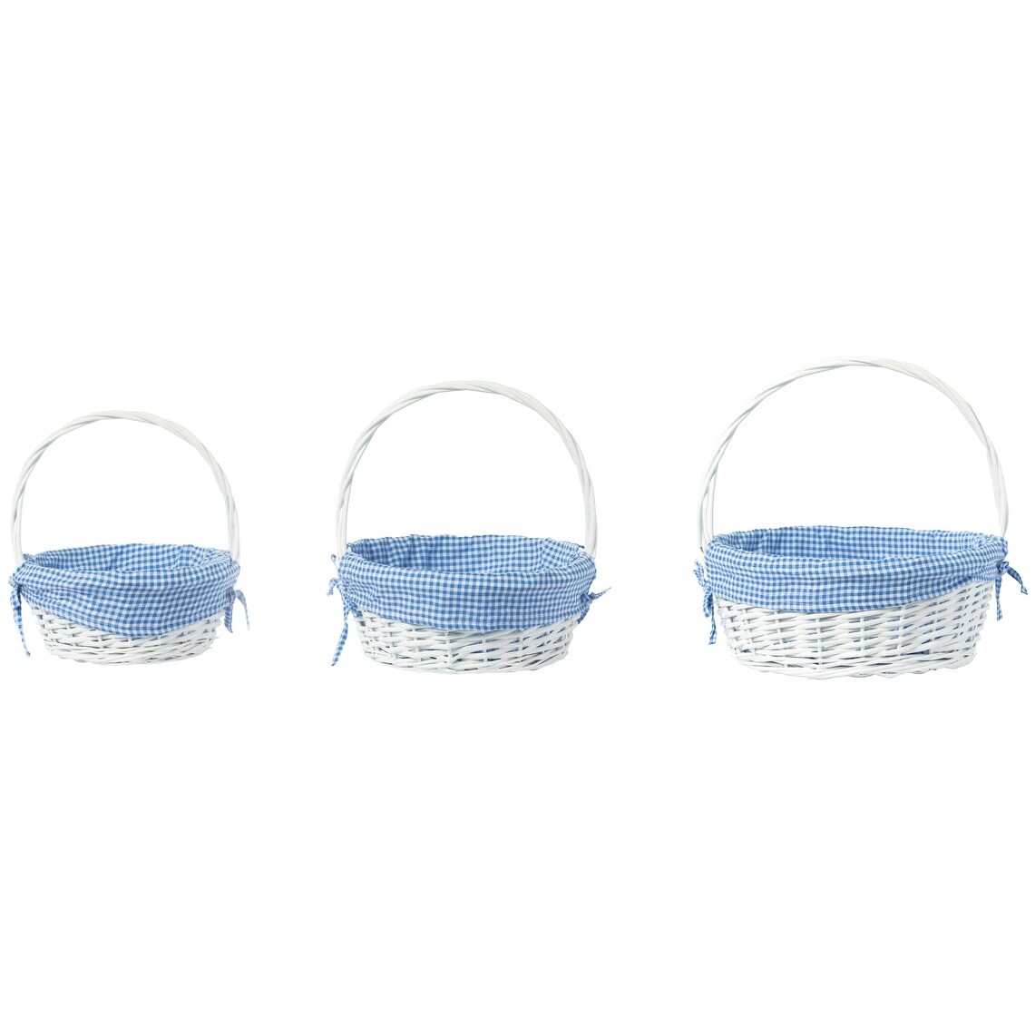 White Round Willow Gift Basket, with Gingham Liner and Handle