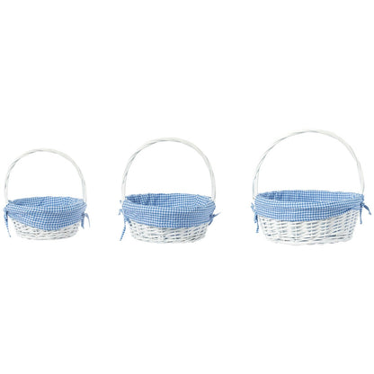 White Round Willow Gift Basket, with Gingham Liner and Handle