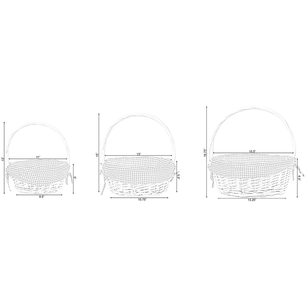 White Round Willow Gift Basket, with Gingham Liner and Handle