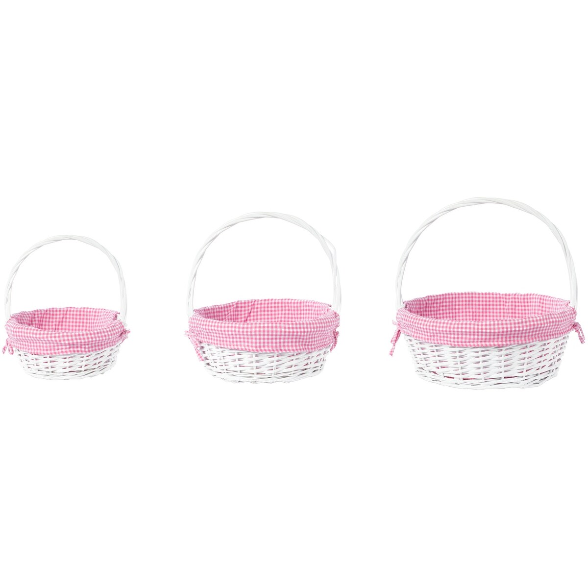 White Round Willow Gift Basket, with Gingham Liner and Handle